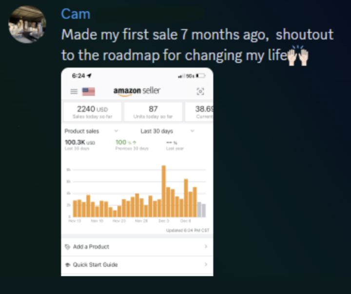 Cam: $100.3K in 30 days, first sale 7 months earlier